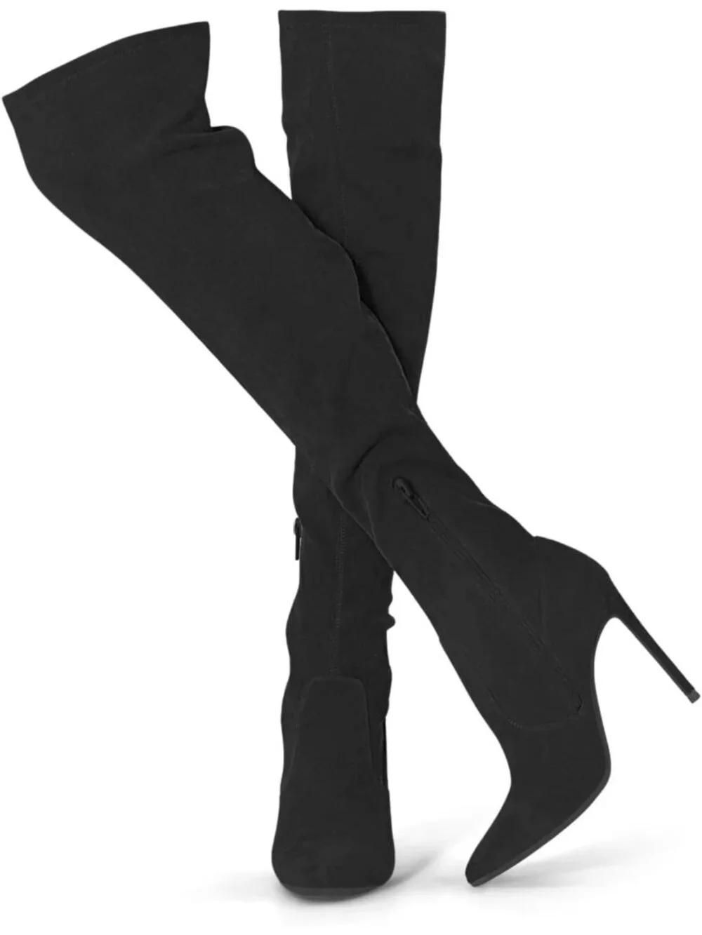 Women's Black Faux Suede Pointed Toe Over-the-Knee Thigh High Stiletto Heel Boot